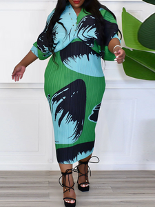 V-Neck Bat Sleeve Print Dress