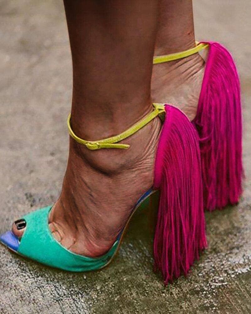 Colorblock Fringed Fish Mouth High Heels