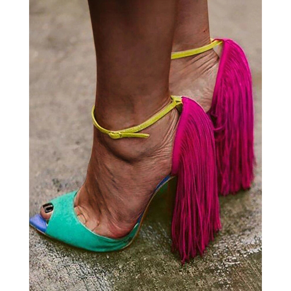 Color Block Fringed Fish Mouth High Heels